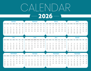 2026 Calendar Template – Clean Minimal Yearly Planner Layout, Editable vector file, well-organized layers, easy to customize colors and text.