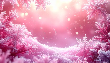 Marco decorativo rosa de copos de nieve blancos alrededor de todo el borde, con diferentes tamaños y diseños, creando un efecto helado y festivo. Pequeñas partículas de nieve dispersas por el fondo.