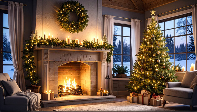 Habitaci&oacute;n con chimenea encendida, &aacute;rbol de Navidad decorado y regalos en el suelo mientras la nieve cae tras la ventana. Una escena c&aacute;lida y festiva para dise&ntilde;os y tarjetas de felicitaci&oacute;n navide&ntilde;a