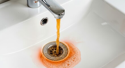 A stream of rusty water flows from a shiny faucet into a white porcelain sink, creating a reddishbrown stain around the drain, indicating potential plumbing issues and water contamination