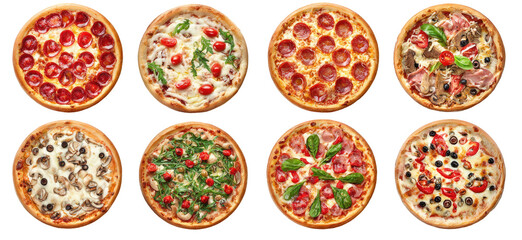Assorted pizza varieties.  Different toppings arranged on round pizzas.  Each pizza has a distinct combination of ingredients.  Top view, close-up