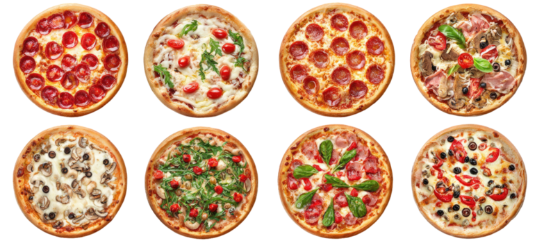 Assorted pizza varieties.  Different toppings arranged on round pizzas.  Each pizza has a distinct combination of ingredients.  Top view, close-up