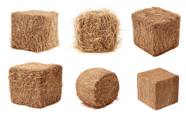 Six light beige cubes, densely packed with fibrous material, presented in various angles