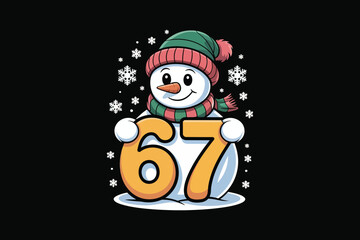 Cute snowman character holding the number sixty seven with snowflakes