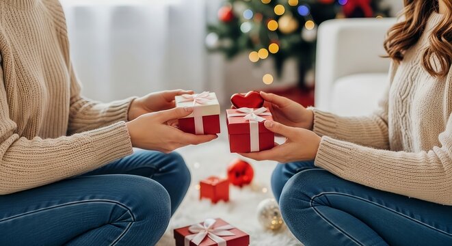Two Friends Exchanging Wrapped Red Gift Boxes by a Decorated Christmas Tree, Warm Natural Window Light, Cozy Knit Sweaters and Soft Home Holiday Atmosphere with Bokeh Lights