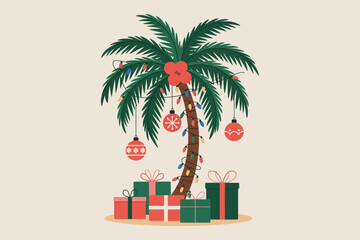 Tropical christmas palm tree decorated with ornaments and gifts below © SMFARHANTANVIR