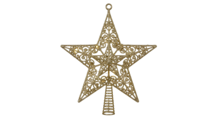 Golden christmas star isolated on transparent background for tree topper