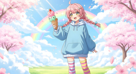 Anime Girl Holding Ice Cream Under a Rainbow in Spring Scenery