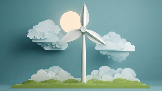 Sustainable future concept with wind turbine and paper clouds under a radiant sun, illustrating clean energy and environmental responsibility for a greener tomorrow