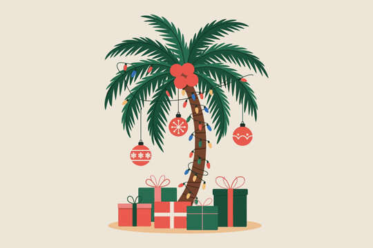 Tropical christmas palm tree decorated with ornaments and gifts below