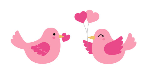 Set of Valentine love birds flat vector illustration.
Pink Lovebird and heart-shaped balloons clipart design.
For greeting card, poster, banner, leaflet.