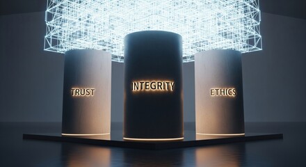 Foundation Pillars of Corporate Values Supporting Structure. minimalist foundation pillars rising from a solid base, supporting a glowing digital corporate structure above.