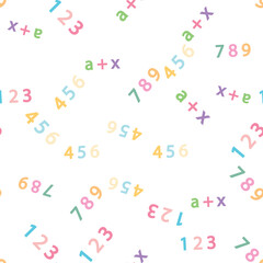 Obraz premium Seamless pattern with mathematical formulas and numbers. Algebra and geometry, calculations tangent, cotangent, sine, cosine.