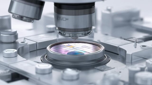 白基調のクリーンな光で検査光学と真空チャック上のウエハーを描写、人物なし