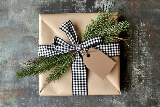 Kraft paper gift with checkered ribbon and vintage tag, pine needles around 