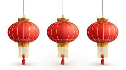 Three red Chinese lanterns hanging, white background, festive decoration, ideal for Lunar New Year celebrations