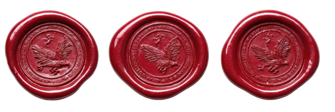 Three antique wax seals, each with an embossed image of a bird in flight