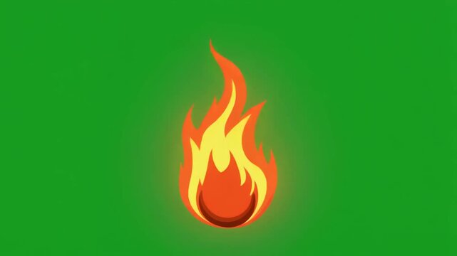 A stylized cartoon flame icon with red, orange, and yellow colors on a vibrant green background.