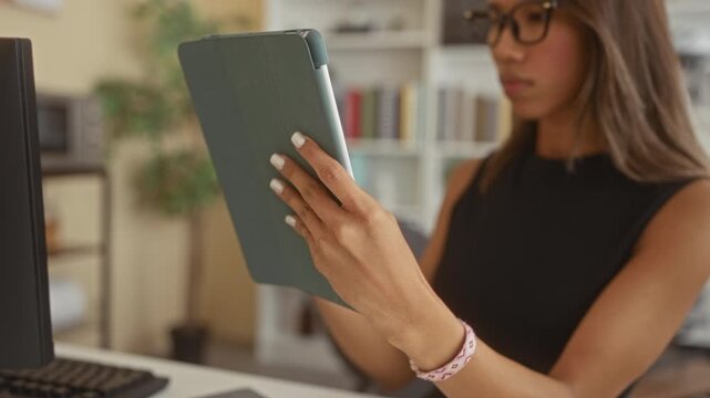 Woman holding tablet with visible hand and white nails while reading at desk in building; concentration.