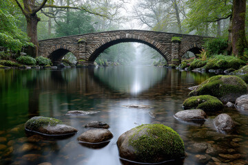 Serene stone bridge over a misty river surrounded by lush greenery and mossy rocks