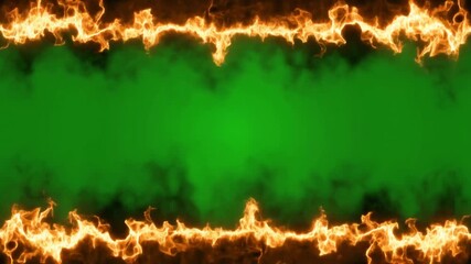 Green screen background framed by intense orange and yellow flames with dark smoke. - Powered by Adobe