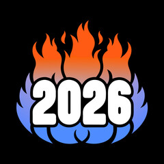 Fiery 2026 a vibrant emblem of the future year, where bold white numerals rise amidst a captivating dance of blue and orange flames on a stark black backdrop