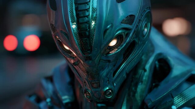 Futuristic cyborg close-up with glowing eyes and intricate armor design