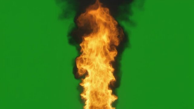 Vibrant orange and yellow flame with dark smoke on a green screen background.