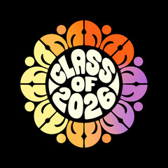 Groovy class of 2026 design featuring a retro flower with smiley faces in a vibrant gradient, perfect for graduation celebrations and nostalgic themes