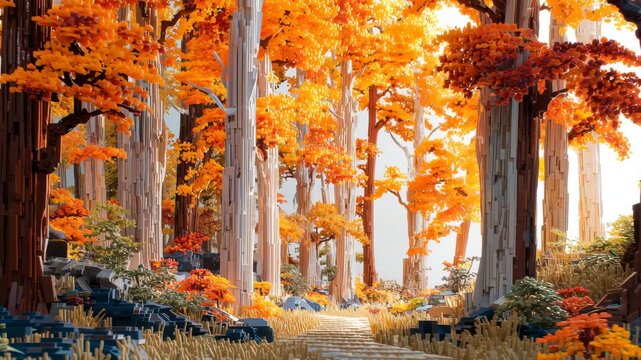 秋の広葉樹の森で午後の光が差し込む情景を横長で描写、人物なし