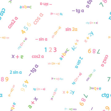 Seamless pattern with mathematical formulas and numbers. Algebra and geometry, calculations tangent, cotangent, sine, cosine.