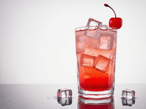 Classic Shirley Temple mocktail with vibrant red tones, ice cubes, and a maraschino cherry. High-quality drink photo suitable for menus, kids&rsquo; beverages, promotional materials