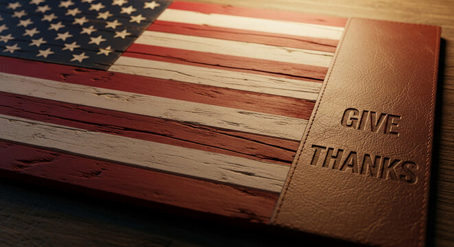 Wooden surface painted as American flag next to brown leather journal with "Give Thanks" text, symbolizing gratitude, patriotism, and appreciation