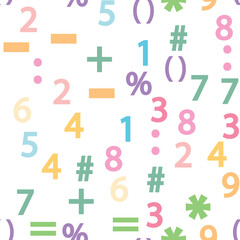 Naklejka premium Colorful numbers, math symbols and formulas seamless pattern. Kindergarten, school, classroom and childrens playroom
