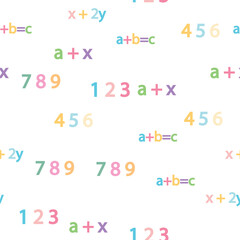 Seamless pattern with mathematical formulas and numbers. Algebra and geometry, calculations tangent, cotangent, sine, cosine.