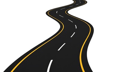 Winding asphalt road with yellow lines and white dashes on a white background