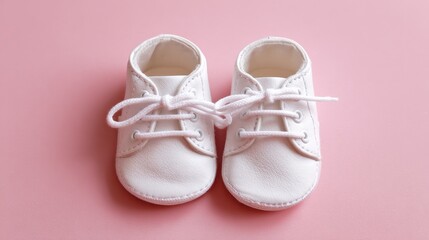 Sweet pair of white baby shoes sits on a soft pink surface, perfect for nursery decorations or thoughtful gifts for new parents celebrating their little one's arrival.