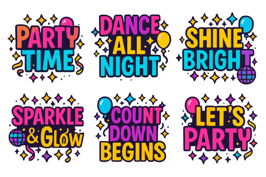 Party theme flat icon set. featuring party time, dance all night, shine bright, sparkle glow, countdown begins, let's party