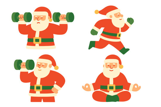 Christmas fitness flat icon set. featuring santa lifting weights, running, meditating.