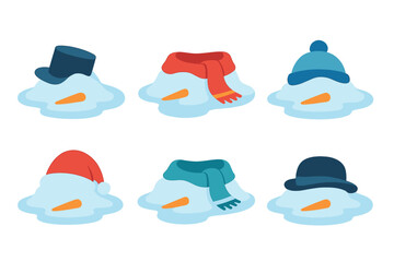Winter snowman silhouette icon set. featuring hat, scarf, beanie, carrot nose, melted snow symbols