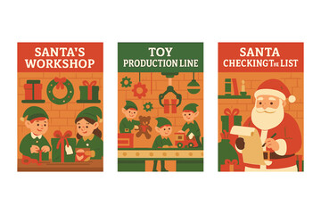 Fototapeta premium Christmas workshop flat icon set. featuring santa, elves, gifts, toys, wreath, and list symbols.