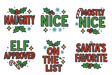 Christmas holiday silhouette icon set. featuring naughty, nice, mostly nice, elf approved, on the list, santa's favorite