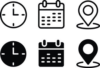 Collection of six icons representing time calendar and location in outline and solid styles