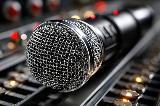 Close-up view of a microphone on a sound mixer during a live music event in a studio