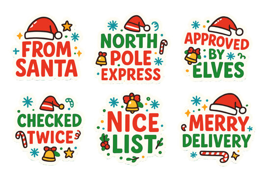 Christmas silhouette icon set. featuring santa hat, north pole, elf approval, checklist, nice list, and delivery symbols