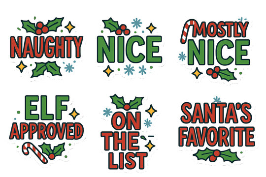 Christmas holiday silhouette icon set. featuring naughty, nice, mostly nice, elf approved, on the list, santa's favorite