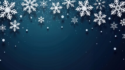 White snowflakes on a dark blue background, wintery holiday party setting