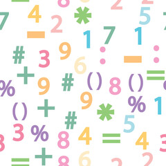 Obraz premium Colorful numbers, math symbols and formulas seamless pattern. Kindergarten, school, classroom and childrens playroom