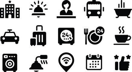 Collection of hotel and travel service icons for hospitality and accommodation industry