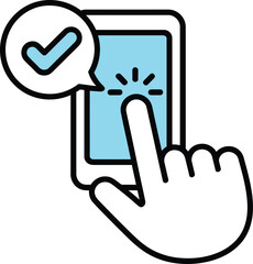 Hand touching smartphone screen with a check mark in a speech bubble indicating success